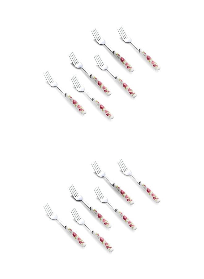MGeezz Floral Stainless Steel Fork Set for Home Kitchen & Restaurant Cutlery Dinner Table Bouillon Spoon with Ceramic Handle Tableware Noodles Fork for Serving Salad Fruit Fork (Small Fork Set of 12) - Image 1
